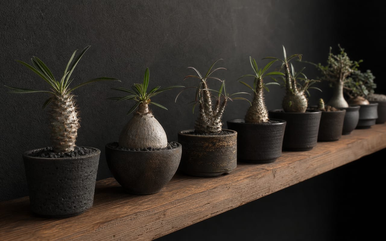 陶器鉢に植えられた塊根植物が並ぶ棚